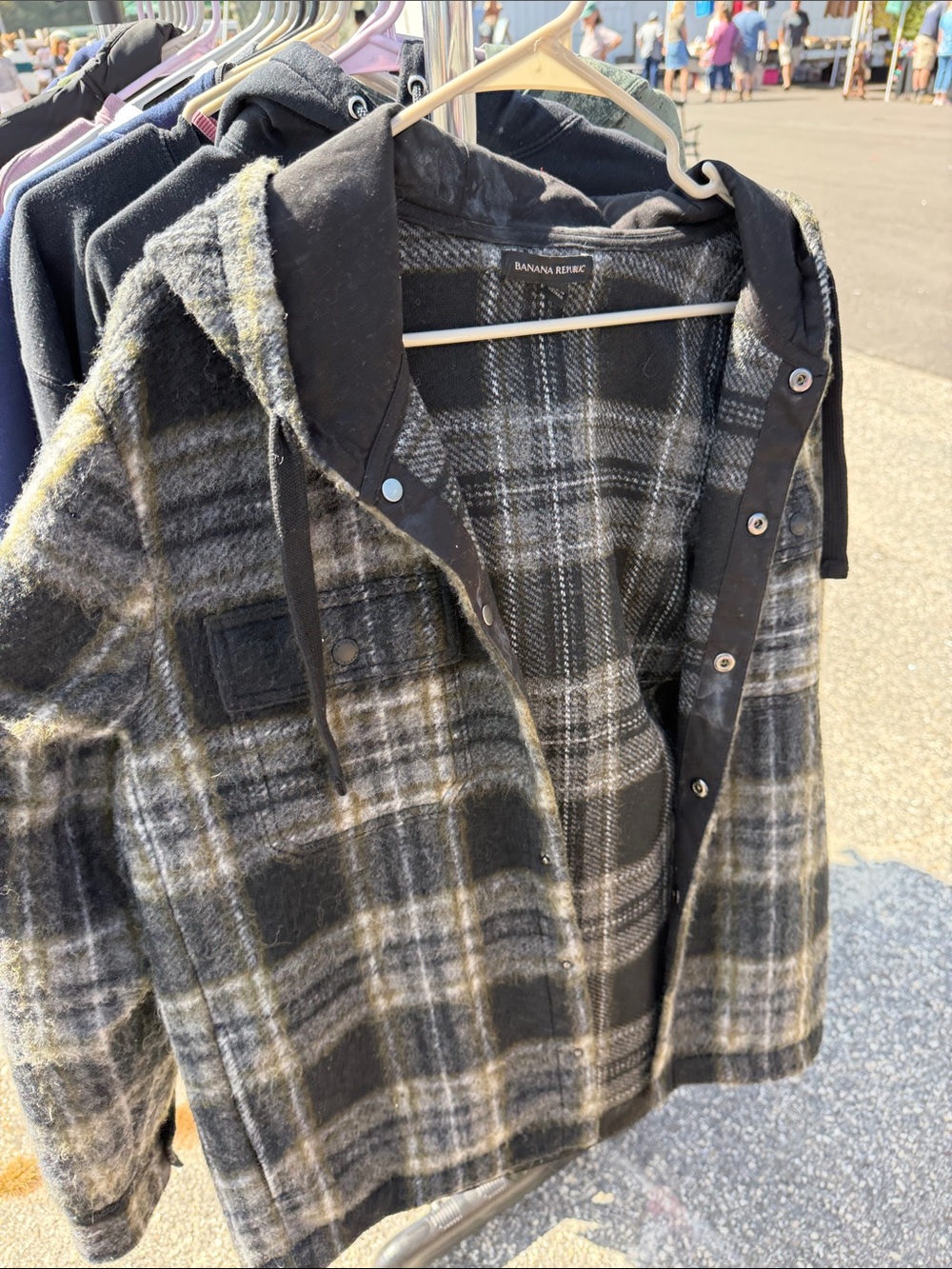 Banana Republic Black & Gray Plaid Hooded Shirt Jacket
